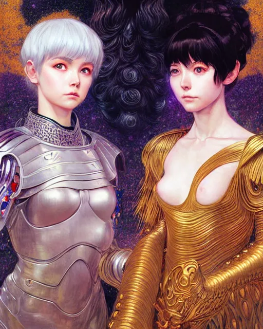 Image similar to portrait of two beautiful cute young maiden girls with short white hairs in warhammer armor, art by ( ( ( kuvshinov ilya ) ) ) and wayne barlowe and gustav klimt and artgerm and wlop