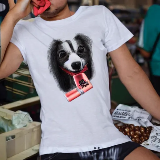 Image similar to bootleg tshirt of a dog smoking a blunt at the market