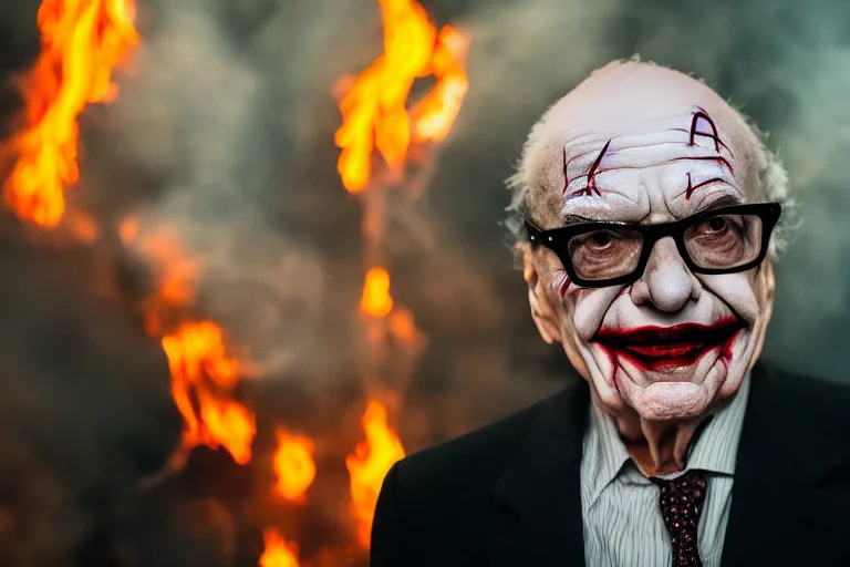 Prompt: Rupert Murdoch as The Joker wearing glasses, joker makeup, standing in hell surrounded by fire and flames and bones and brimstone, portrait photography, depth of field, bokeh