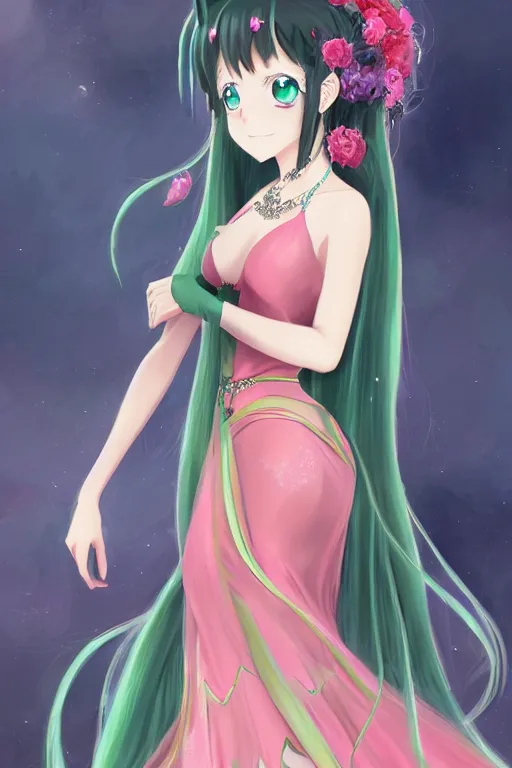 Image similar to Anime sad princess in full figure wearing an exotic evening gown, heargear and jade necklace, evening, detailed painting, WLOP, Artstation