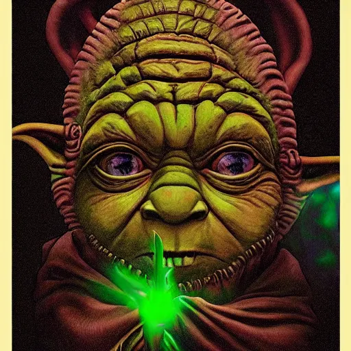 Prompt: yoda became bloody ugly lovecraftian degenerate abomination, photo - realistic, color image, 2 k, highly detailed, bodyhorror, occult art, by giger, fractal structure