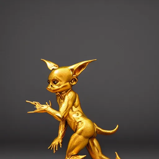 Image similar to a happy cute Lucky Golden Goblin statue, lucky god, bright art masterpiece artstation. hyper details, golden smooth material, sculpted by Alex Alice, Craig Mullins, yoji shinkawa, trending on artstation, beautifully lit, Peter mohrbacher, hyper detailed, insane details, intricate, elite, elegant, luxury, glittering light, CGsociety, hypermaximalist, golden ratio, treasure background, volumetric, octane render, weta digital, micro details, 3d sculpture