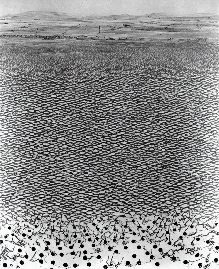 Prompt: a beautiful painting of bombs impact on desert in el alamein battle, wwii, black and white, painted by escher