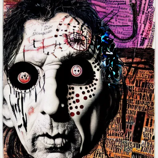 Image similar to graphic illustration, creative design, alice cooper, biopunk, francis bacon, highly detailed, hunter s thompson, mixed media