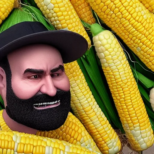 Image similar to hyperrealistic dslr film still of billy mays disguised as corn, vegetable, yellow, stunning 8 k octane comprehensive 3 d render, inspired by istvan sandorfi & greg rutkowski & unreal engine, perfect symmetry, dim volumetric cinematic lighting, extremely hyper - detailed, incredibly real lifelike attributes & flesh texture, intricate, masterpiece, artstation, stunning