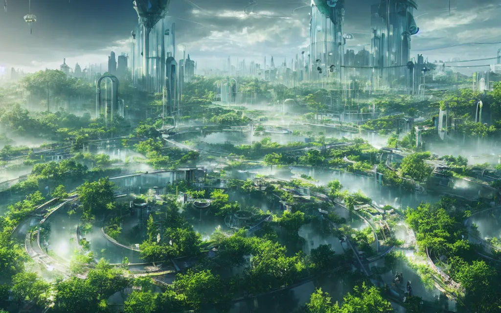 Image similar to a breathtaking view of a solarpunk city, green meadows and rivers, futuristic architecture, hyperrealism, octopath traveler, octane render, misty, highly rendered, global illumination, radiant light