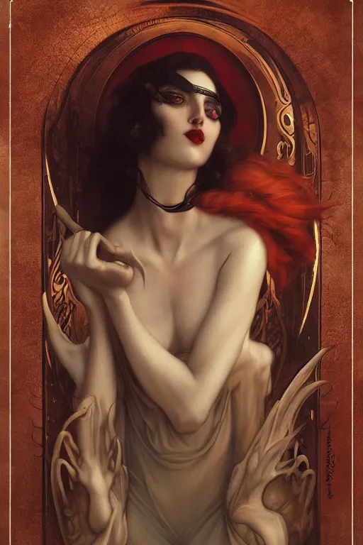 Prompt: Devil by Tom Bagshaw in the style of Gaston Bussière, art nouveau, art deco