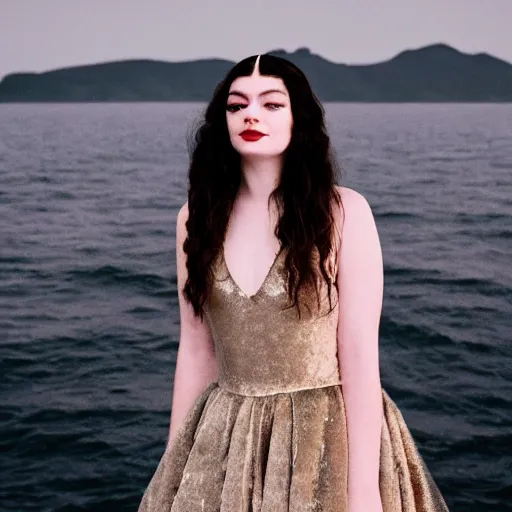 Image similar to lorde with a velvet crown and black gown standing on a raised translucent platform in the middle of the sea, night time with milky way in the sky. cinematic, 3 5 mm film, sharpness, nostalgic and melancholic 4 k, 8 k