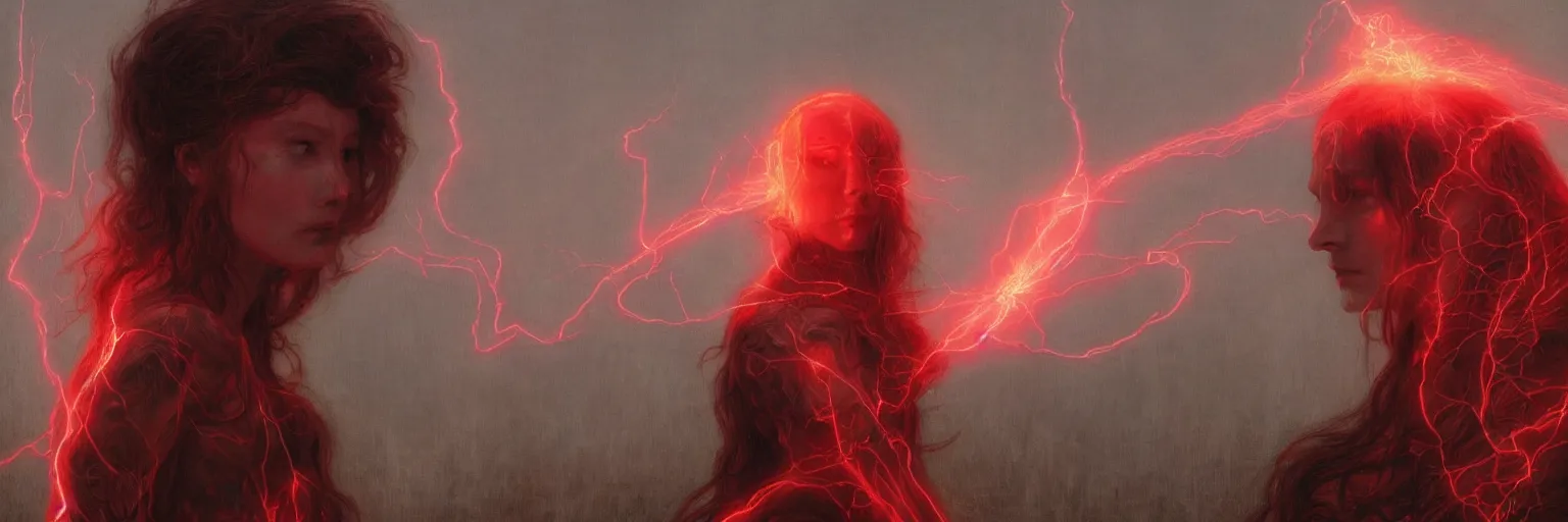 Image similar to Portrait Masterpiece, Wanda Maximoff, furious, red, glowing, wires everywhere, by Edgar Maxence and Ross Tran, Zdzisław Beksiński, and Michael Whelan, distant, gustav dore, H.R. Giger, 8k, octane render