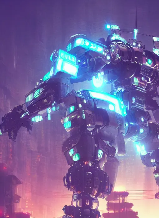 Image similar to intricate digital artwork of a giant japanese anime mecha by by nuthin'but mech, by kallamity sketchbook, inspired by nier : automata, neon city background, octane render, cgstation, 4 k resolution