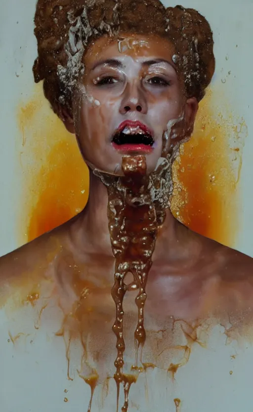 Image similar to portrait of an ancient girl, honey dripping on top of her, oil coming out of her mouth, gipper realistic, high tech!