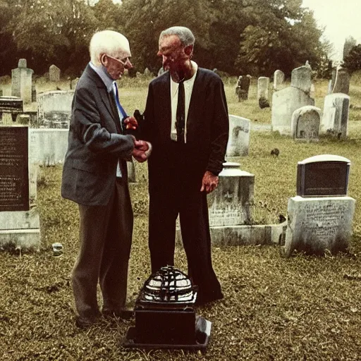 Image similar to an old man shaking hands with a robot in a graveyard, liminal, gothic, eerie, intricate, detailed, award winning photograph, cinestill 8 0 0 t,