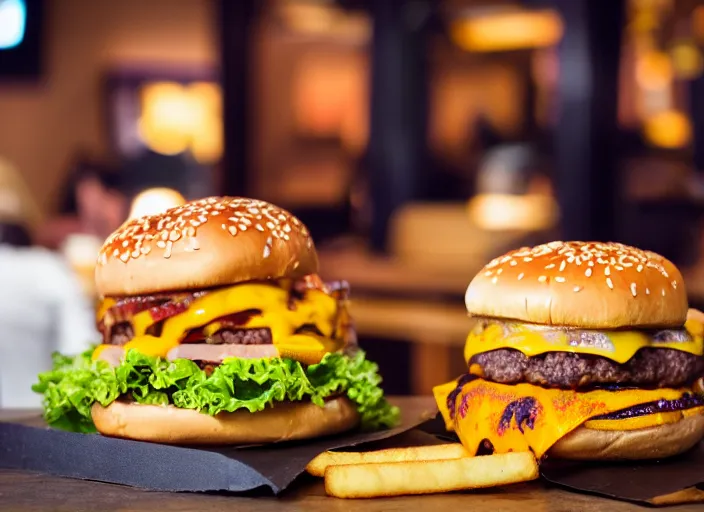 Prompt: dslr food photograph of a double cheeseburger and fries, 8 5 mm f 1. 8