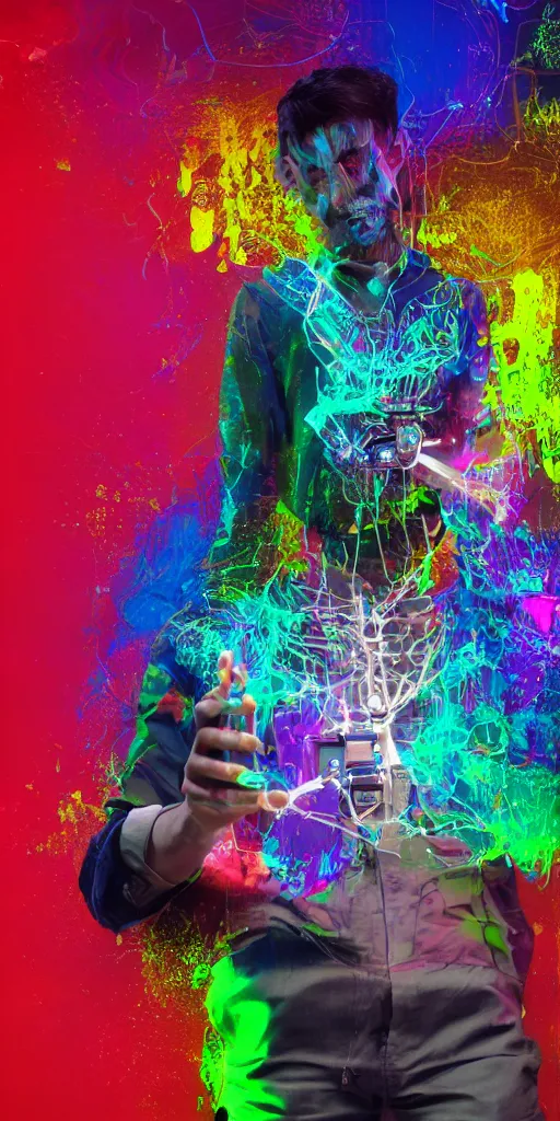 Image similar to man becomes controlled by a smartphone he gazes at while he played like a marionette, puppet, intricate complexity, horror, psychedelic glitch art, rainbow drip paint, trending on art station, photoreal, 8k, octane render