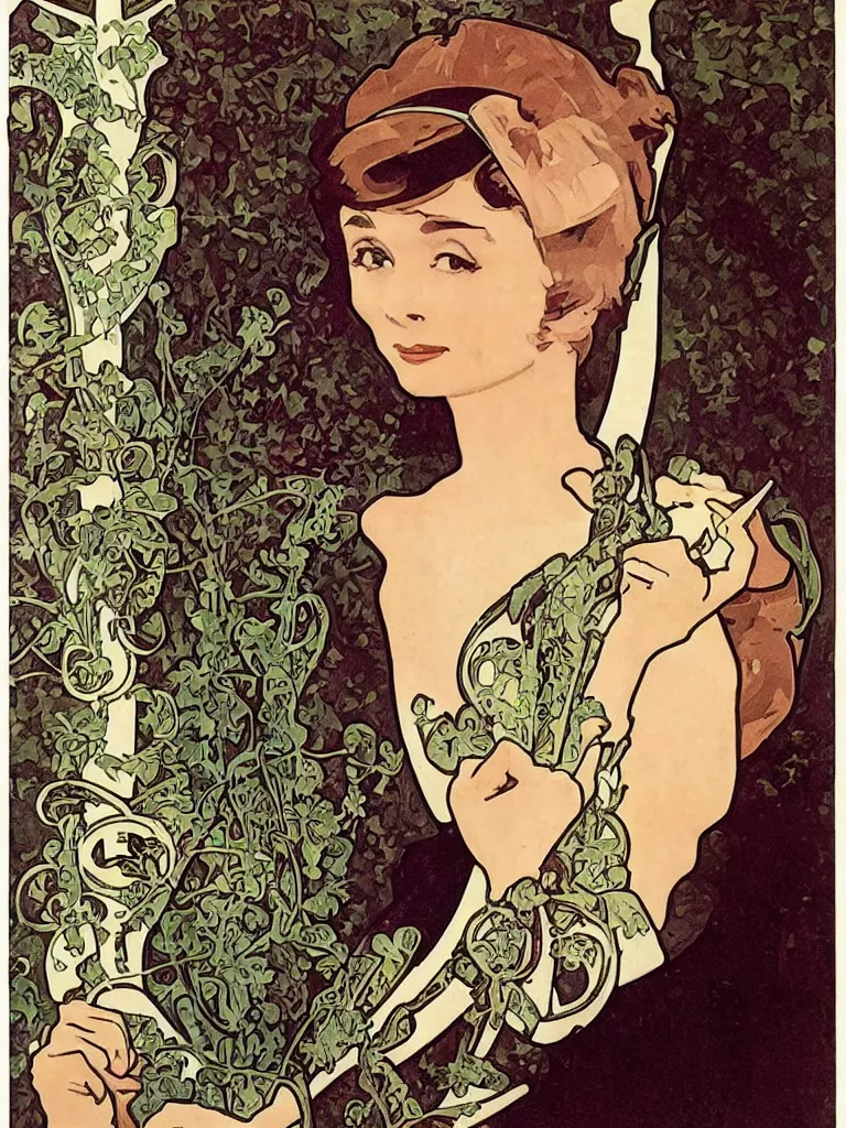 Image similar to three quarter shot audrey hepburn in breakfast at tiffany's by alphonse mucha, art nouveau