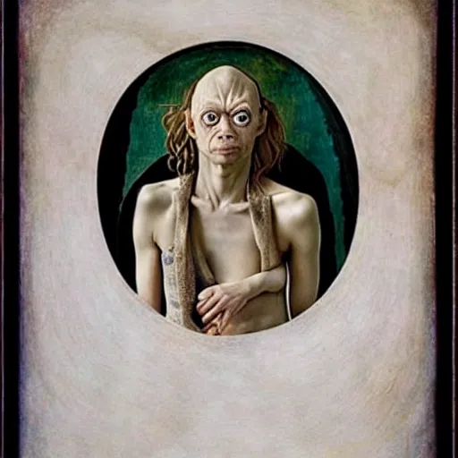 Image similar to miley cyrus as gollum, elegant portrait by sandro botticelli, detailed, symmetrical, intricate