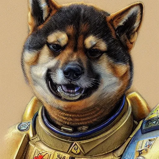 Image similar to The Shiba Inu Space Marine, close-up portrait art by Donato Giancola and James Gurney, digital art, trending on artstation