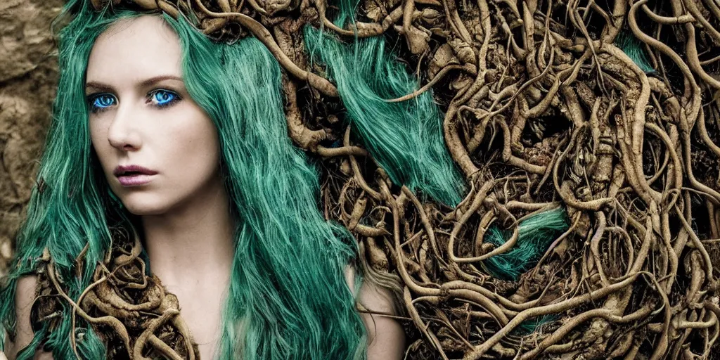 Image similar to queen of snakes, rotting crown of vines, detailed face, piercing green eyes and blue skin