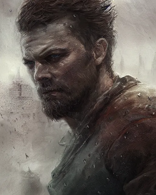 Image similar to battle hardened, charismatic, ruggedfallout 5 male character, face centered portrait, confident, ruined cityscape, fog, rain, volumetric lighting, illustration, perfectly shaded, soft painting, art by leesha hannigan, ross tran, thierry doizon, kai carpenter, ignacio fernandez rios