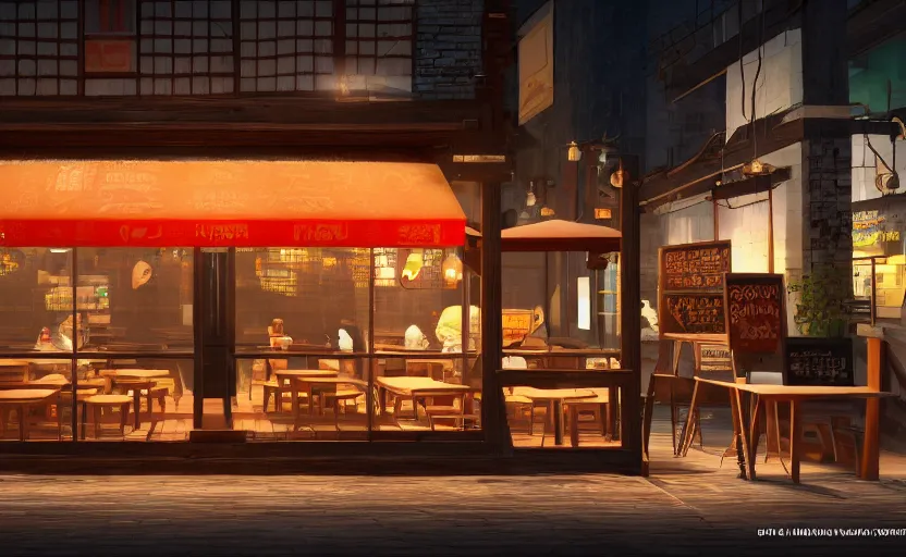 Image similar to a small cozy ramen restaurant at night, trending on cgsociety, unreal engine, 4 k wallpaper