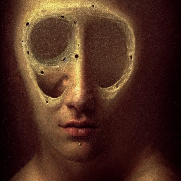 Image similar to beautiful portrait of beautiful man covered with hundred eyes inside holes, embryos, by hieronymus bosch, lucid dream - like heavy atmosphere, baroque painting, perfect composition, detailed octane render trending on artstation, 8 k artistic photography, volumetric cinematic perfect light, chiaroscuro, masterpiece, raphael, caravaggio, beksinski, rutkowski