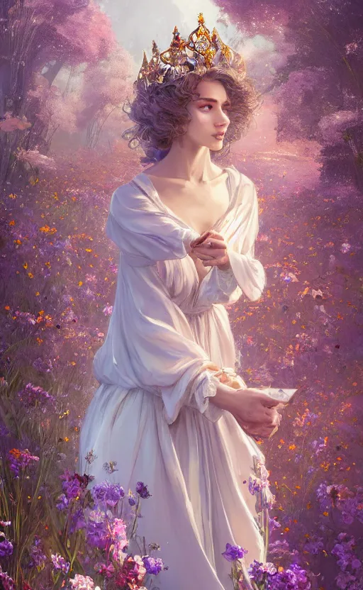 Image similar to A beautiful fantasy magician, highly detailed full body, amazing flower tiara, wearing aristocrat robe, delicate figure, field of flowers, epic composition, ultra wide-shot, dynamic pose, concept art, beautifully lit, digital painting, smooth, character design, sharp focus, elegant, intricate, trending on artstation, by WLOP and James Jean and Victo Ngai