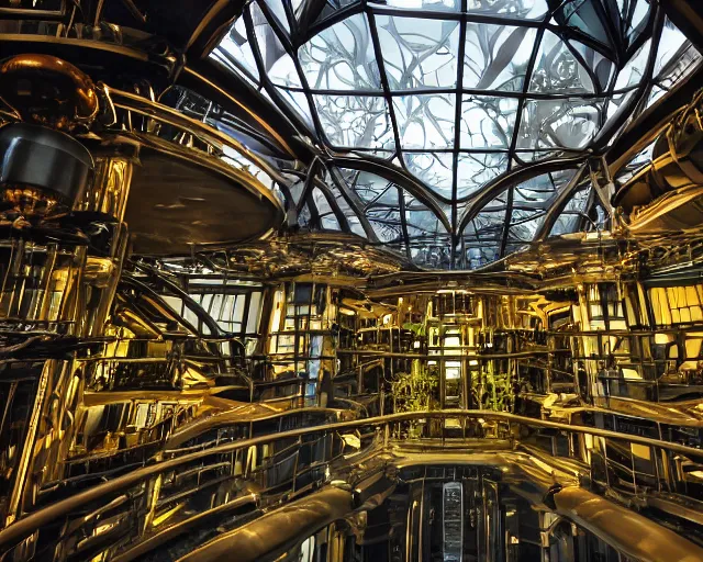 Prompt: a futuristic steampunk science laboratory, building made of huge glass panes ornate posts and beams and futuristic interior built in the middle of a lush tropical rainforest, cinematic back lit lighting, realistic, canon 20mm,