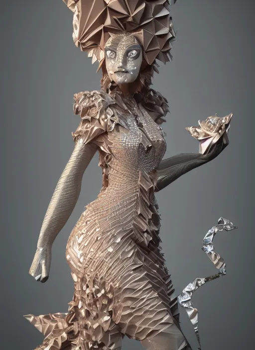 Image similar to a beautiful anthropomorphic lionness woman made out of ceramic and diamonds wearing a flowing salmon colored paper dress, a futuristic subway stop made out of origami, paper origami, many origami orchid flowers, heavenly light, 3 d, very detailed, octane render, trending artstation, artgem