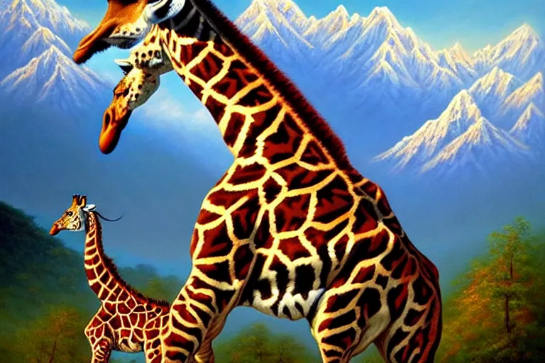 Image similar to ( ( a beautiful 8 k photorealistic masterpiece oil painting ) ( of ( a giraffe riding a tiger ) ( in the nepalese himalayas ) ) ( hyperrealism ) ( 1 6 k ) ( trending on artstation )