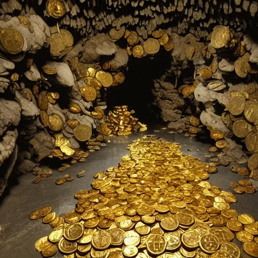 Prompt: an underground cave with piles of gold coins in it, by studio ghibli