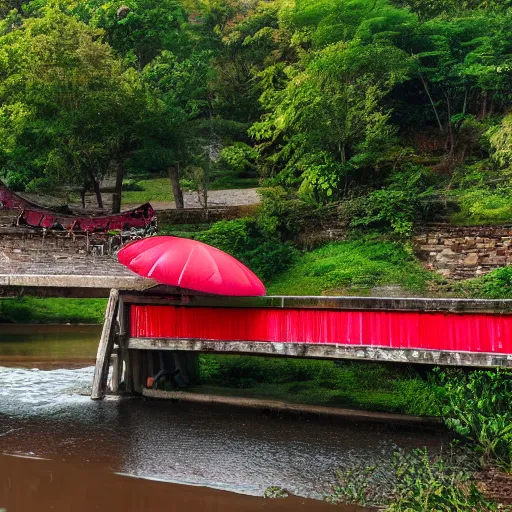 Prompt: in background arched bridge over river, red umbrella floats in water in foreground, hyper detailed, national geographic photo