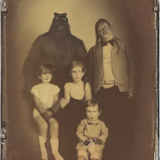 Image similar to a tintype family photo of bigfoot