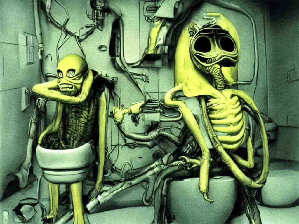 Image similar to An H.R. Giger alien sitting on the toilet. Green and yellow color scheme. A small boy crying in the corner. Production photo from 1980’s color sci-fi film.