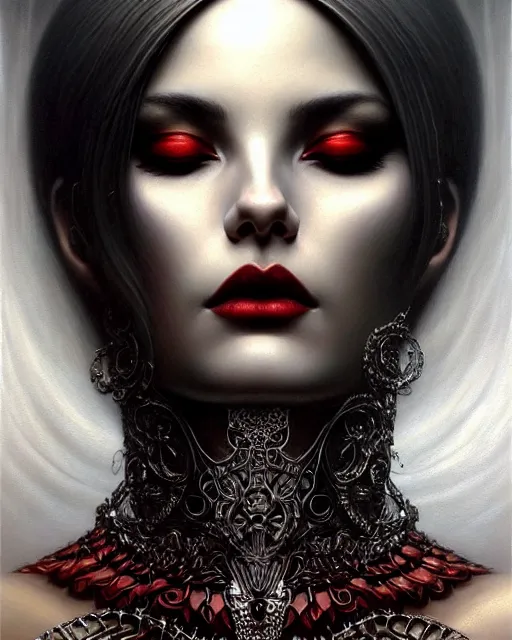 Image similar to portrait of a beautiful goddess, enigmatic beauty, dominant shades of black, silver, dark red, white, head in focus, fantasy art, ornamental aesthetics, intricate, elegant, highly detailed, hyperrealistic painting, artstation, concept art, painterly, sharp focus, illustration, art by karol bak