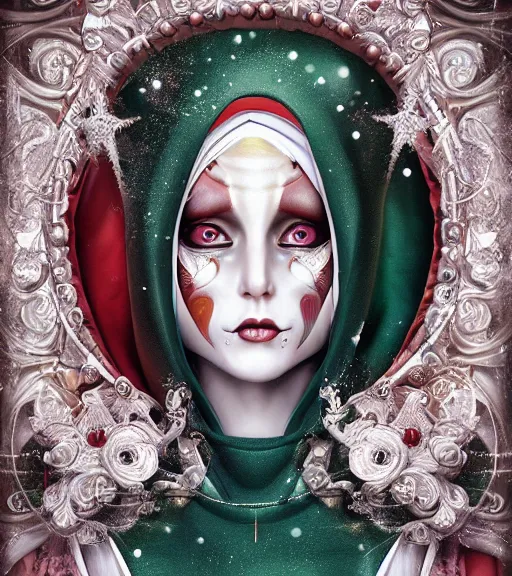 Image similar to beautiful female character inspired by venice carnival, christmas and nun | | digital artwork made by greg rutswork, anna dittmann, rosdraws and lois van barlee, symmetrical, anatomically correct