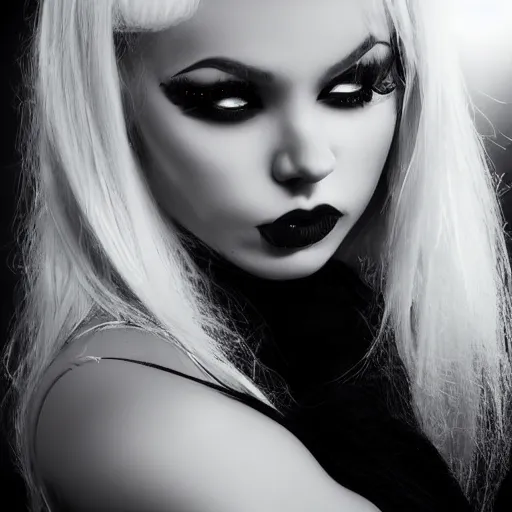Image similar to modeling photograph pinup bikini kerli koiv, blonde, beautiful, dark, mysterious, bubble goth, detailed symmetrical face, half body shot, fog dramatic, teen