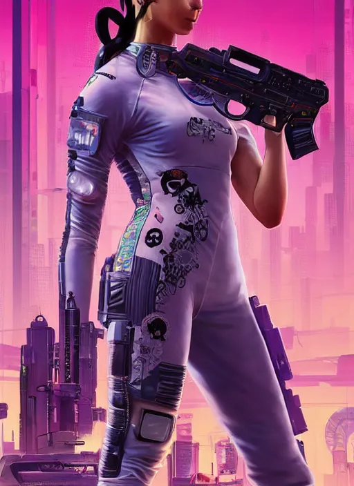 Image similar to beautiful cyberpunk female athlete wearing pink jumpsuit and firing a futuristic yellow belt fed automatic pistol. advertisement for pistol. cyberpunk ad poster by james gurney, azamat khairov, and alphonso mucha. artstationhq. gorgeous face. painting with vivid color, cell shading. buy now! ( rb 6 s, cyberpunk 2 0 7 7 )