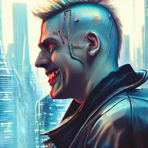 Image similar to cyberpunk, closeup portrait of a cyberpunk entertainer, hologram, blond hair, grey eyes, sadistic smile, delicate jaw, dramatic light, city background, sunset, dystopian setting, high contrast, sharp, neuromancer, peter riviera, painted by stanley lau, painted by greg rutkowski, painted by stanley artgerm, digital art, trending on artstation