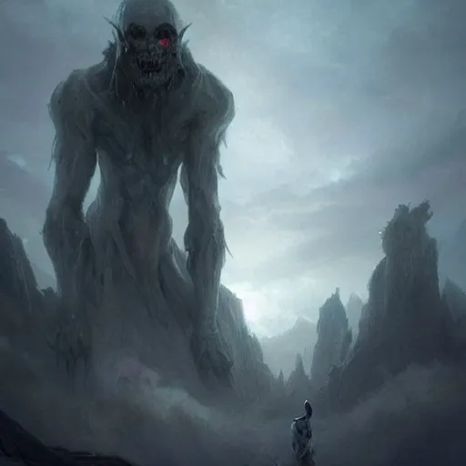 Prompt: a beautiful terrifying immense pale humanoid giant looms over a tiny human. ethereal horror fantasy art by artgerm and greg rutkowski