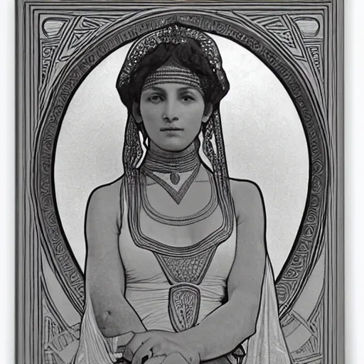 Prompt: a beautiful portrait of a woman inspired by the ishtar gate in ancient babylon. highly detailed face. art by alphonse mucha and alphonse mucha and alphonse mucha