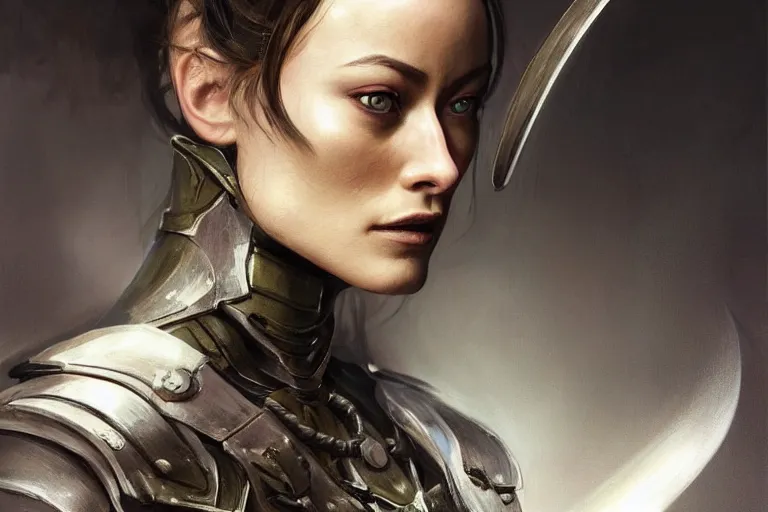 Image similar to a finely detailed portrait of Olivia Wilde, clothed in battle armor, olive skin, long dark hair, beautiful bone structure, symmetrical facial features, intricate, elegant, digital painting, trending on Artstation, concept art, smooth, sharp focus, illustration, from Metal Gear by Ruan Jia and Mandy Jurgens and Artgerm and and william-adolphe bouguerea, award winning