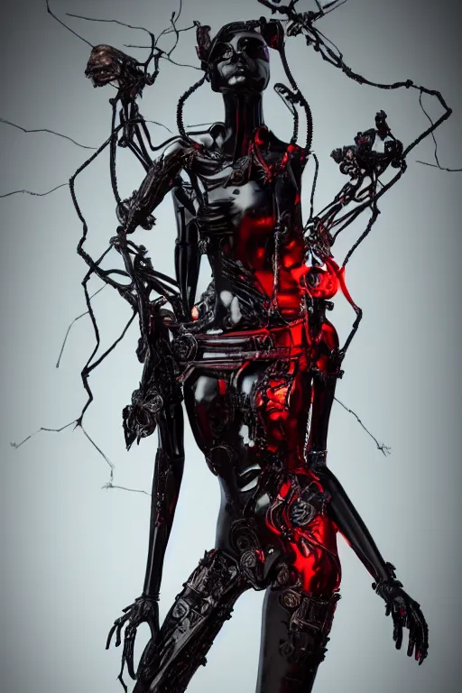 Image similar to full-body cyberpunk style sculpture of a young beautiful dark priestess, half android with a head opening exposing circuitry, glowing red eyes, black roses, flowing blood-red colored silk, fabric, candles, baroque elements. human skull. full-length view. baroque element, intricate artwork by Caravaggio. crows flying in background. Trending on artstation. octane render, cinematic lighting from the right, hyper realism, octane render, 8k, depth of field, 3D