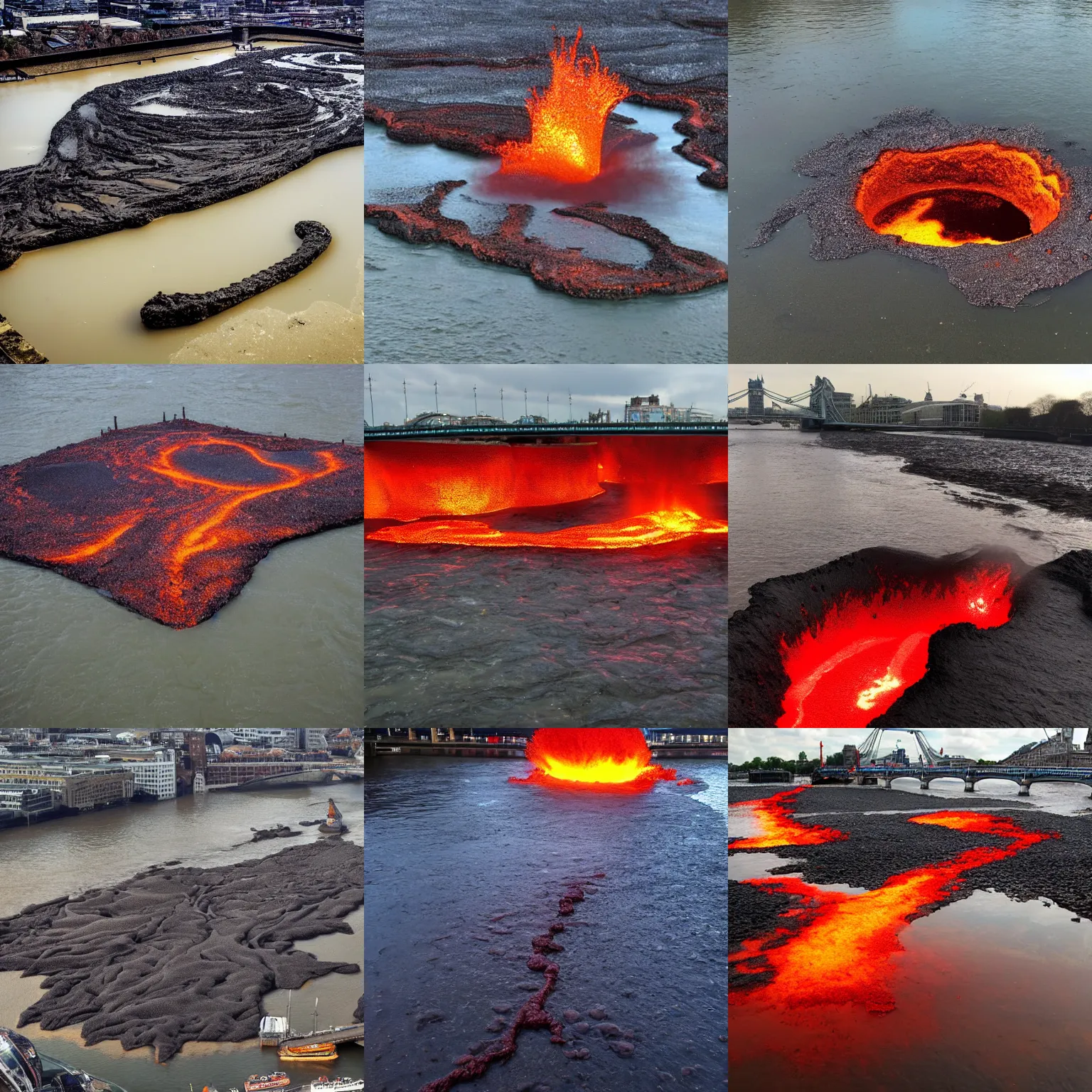 Prompt: Molten lava filling the Thames, in London