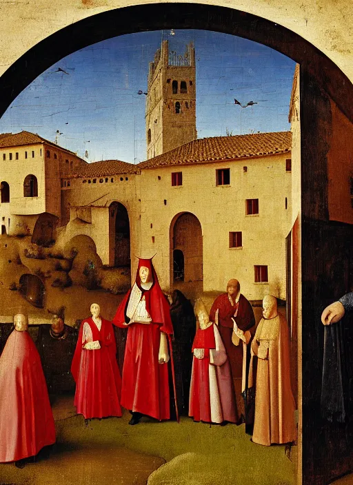 Image similar to Medici family in Tuscany by Jan van Eyck, Hieronymus Bosch, Johannes Vermeer 4k post-processing, highly detailed medieval painting