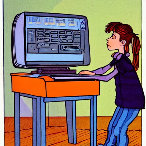 Prompt: illustration of Punky Brewster programming a 1980s desktop computer by Elsa Beskow