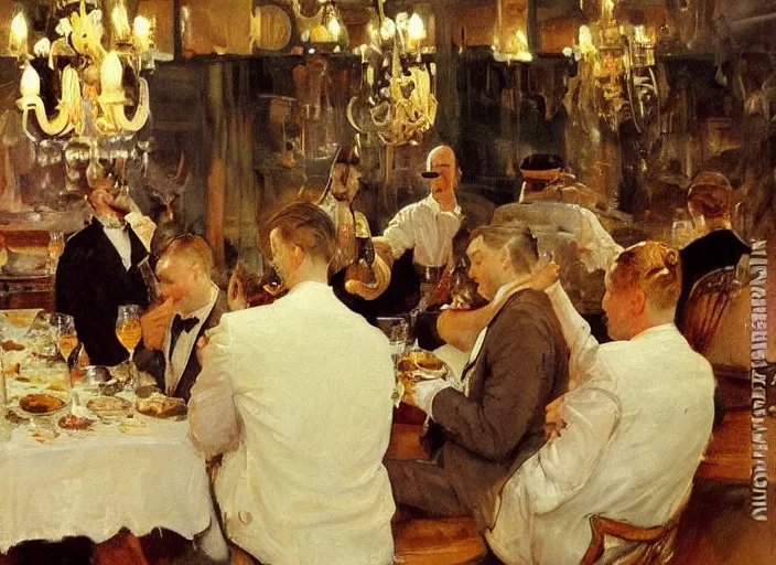 Image similar to gentlemens dinner, singing, roaring twenties, cellar, masterpiece, torches on wall, meat, wine, schnapps, smoking cigars, scantily clad blondes, oil painting by anders zorn and carl larsson, art nouveau