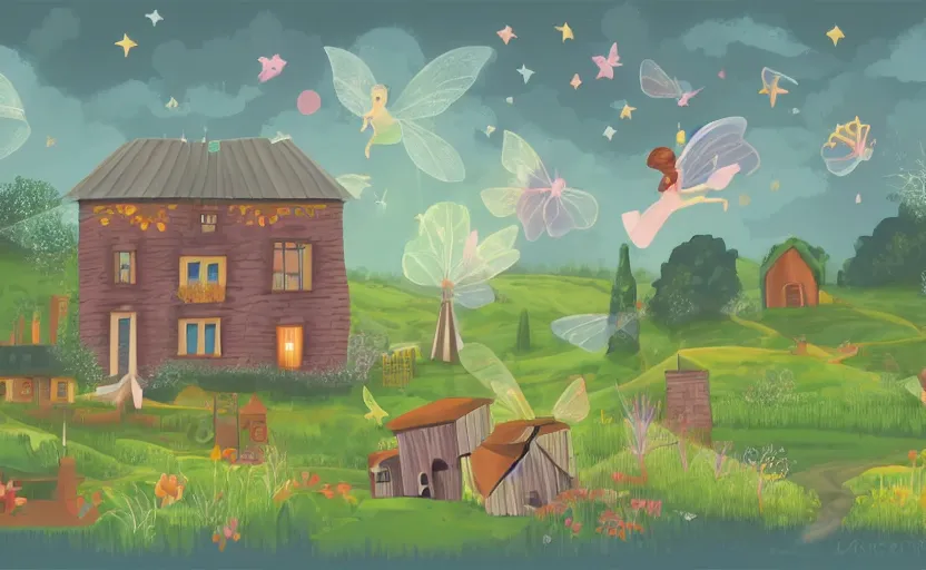 Prompt: magical farmhouse, fairies flying, vector, storybook, muted colors, gouache, flat, sharp edges, print