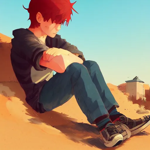 Prompt: red haired teen boy, sitting, desert village in the background, suna gakure, digital painting, artstation, highly detailed, by makoto shinkai and thomas kindle and James gilleard