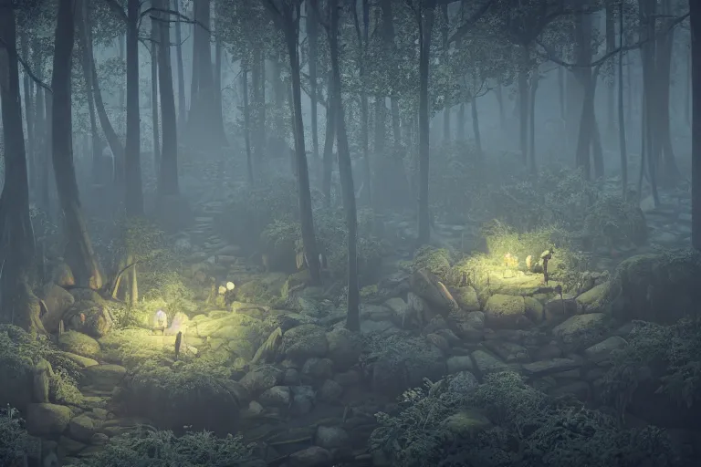 Image similar to Isometric dark moonlit forest RPG level, 3d render, octane render, by Greg Rutkowski