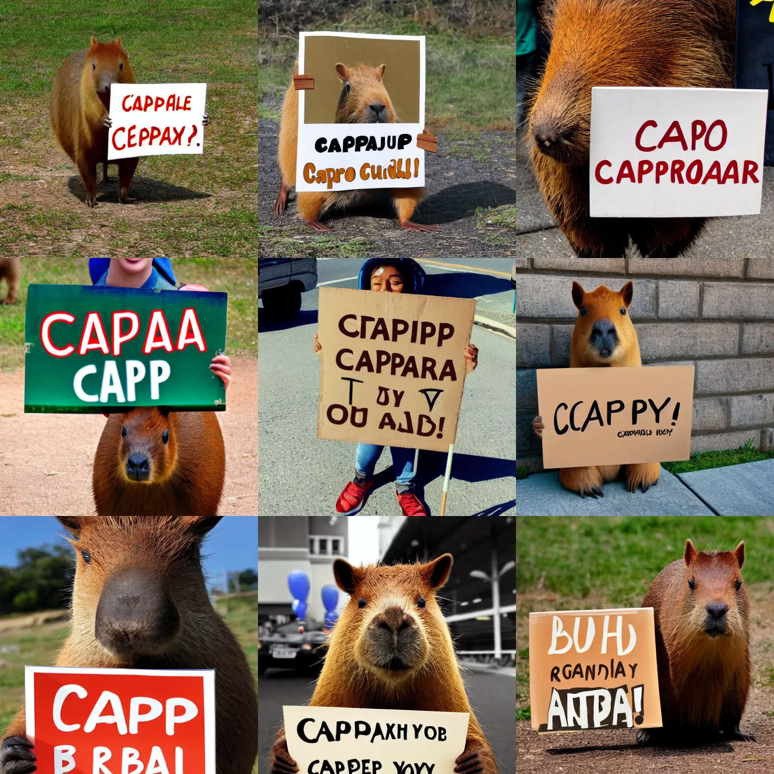 Image similar to realistic high quality photo of a capybara holding a sign with text that reads : capybara